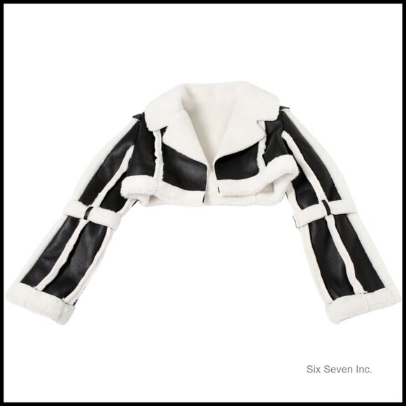 PU Leather Crop Jacket with Fleece Lining, Vintage Patchwork Style - Picture 5 of 7